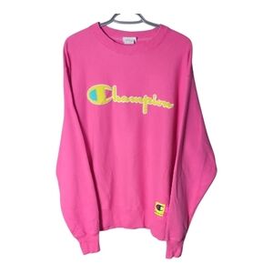 Champion Reverse Weave Vintage Embroidered Spellout‎ Pink Sweatshirt Size Large
